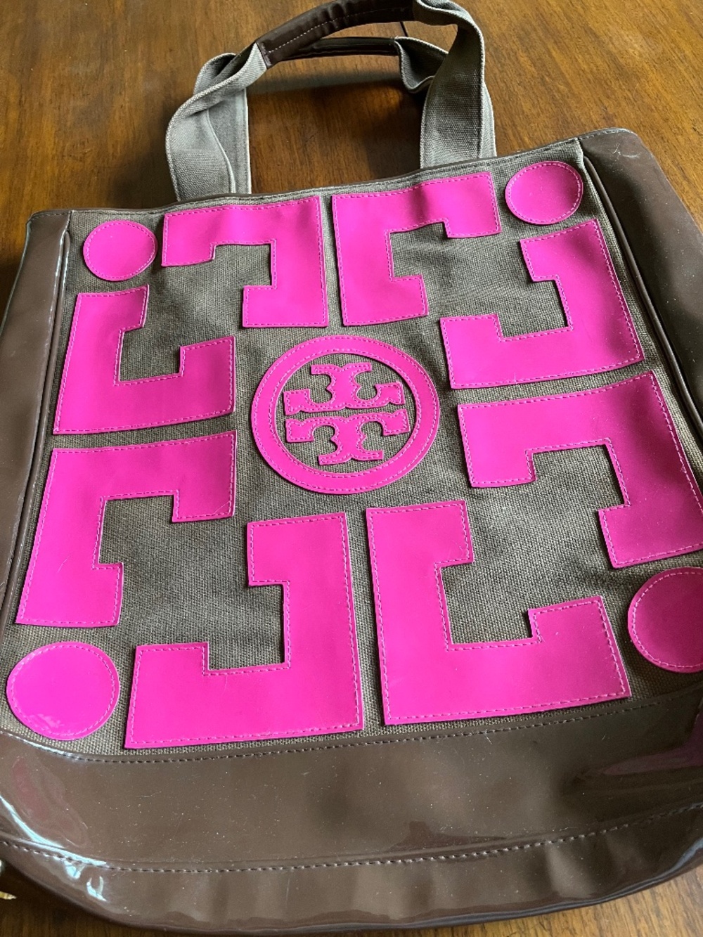 Tory Burch pink and brown patent tote.